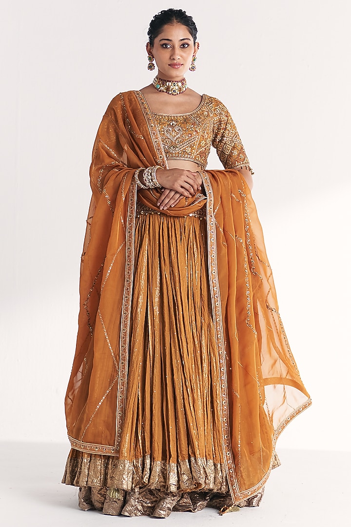 Mustard Lurex Chanderi Hand Embroidered Wedding Lehenga Set by Studio Bagechaa at Pernia's Pop Up Shop