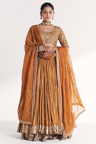 Mustard Lurex Chanderi Hand Embroidered Lehenga Set by Studio Bagechaa