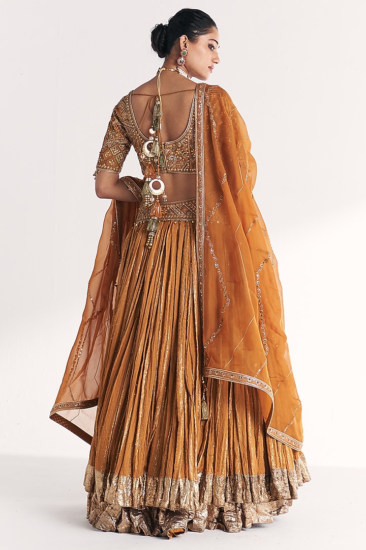 Mustard Lurex Chanderi Hand Embroidered Wedding Lehenga Set by Studio Bagechaa at Pernia's Pop Up Shop
