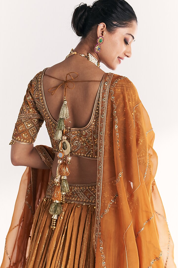 Mustard Lurex Chanderi Hand Embroidered Wedding Lehenga Set by Studio Bagechaa at Pernia's Pop Up Shop