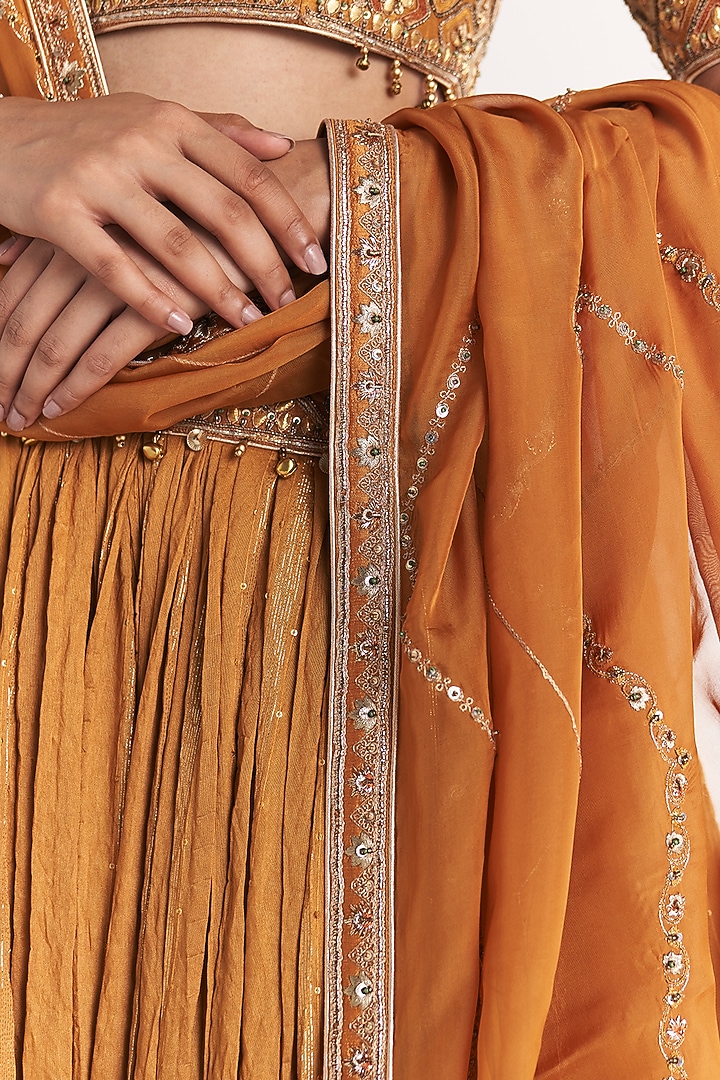 Mustard Lurex Chanderi Hand Embroidered Wedding Lehenga Set by Studio Bagechaa at Pernia's Pop Up Shop
