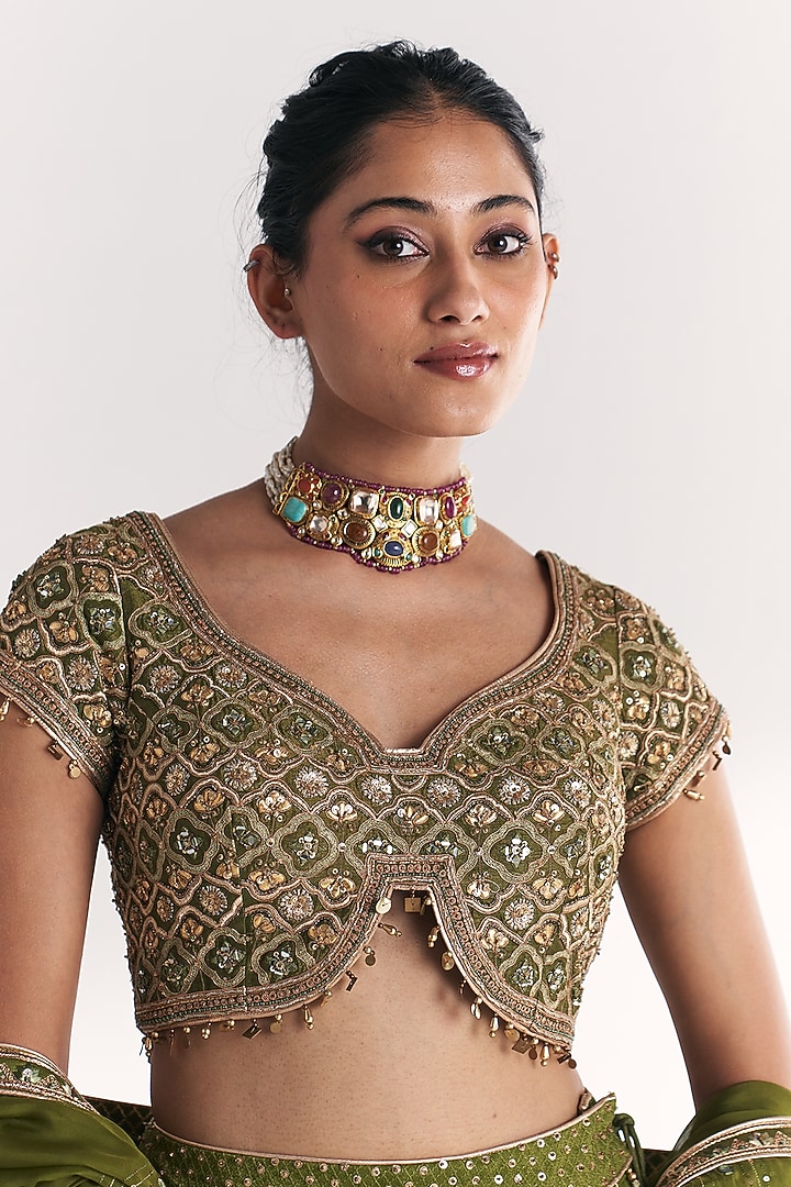 Green Bandhani Tissue Hand Embroidered Wedding Lehenga Set by Studio Bagechaa at Pernia's Pop Up Shop