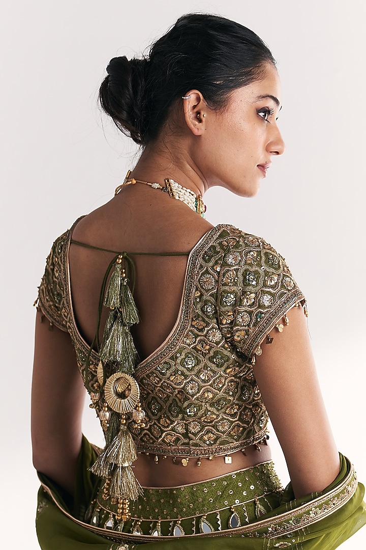 Green Bandhani Tissue Hand Embroidered Wedding Lehenga Set by Studio Bagechaa at Pernia's Pop Up Shop
