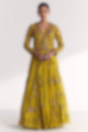 Lime Green Raw Silk Embroidered Bridal Lehenga Set by Studio Bagechaa at Pernia's Pop Up Shop