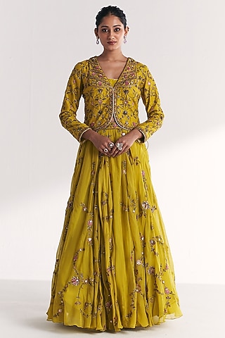 Lime Green Raw Silk Embroidered Lehenga Set by Studio Bagechaa
