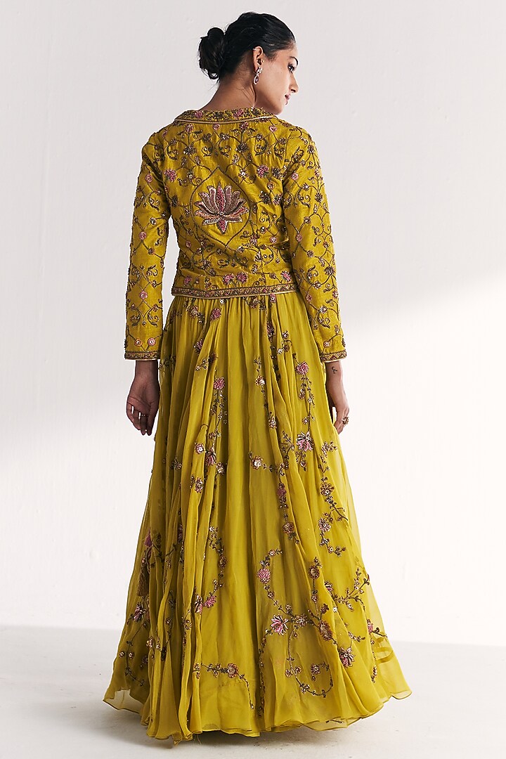 Lime Green Raw Silk Embroidered Bridal Lehenga Set by Studio Bagechaa at Pernia's Pop Up Shop