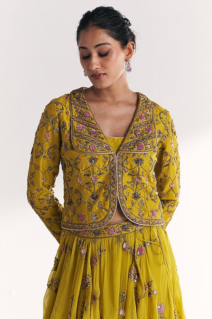 Lime Green Raw Silk Embroidered Bridal Lehenga Set by Studio Bagechaa at Pernia's Pop Up Shop
