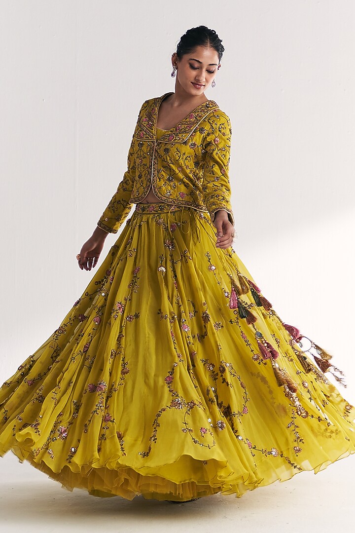 Lime Green Raw Silk Embroidered Bridal Lehenga Set by Studio Bagechaa at Pernia's Pop Up Shop