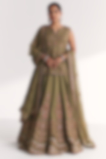 Green Raw Silk & Dola Silk Embroidered Bridal Lehenga Set by Studio Bagechaa at Pernia's Pop Up Shop