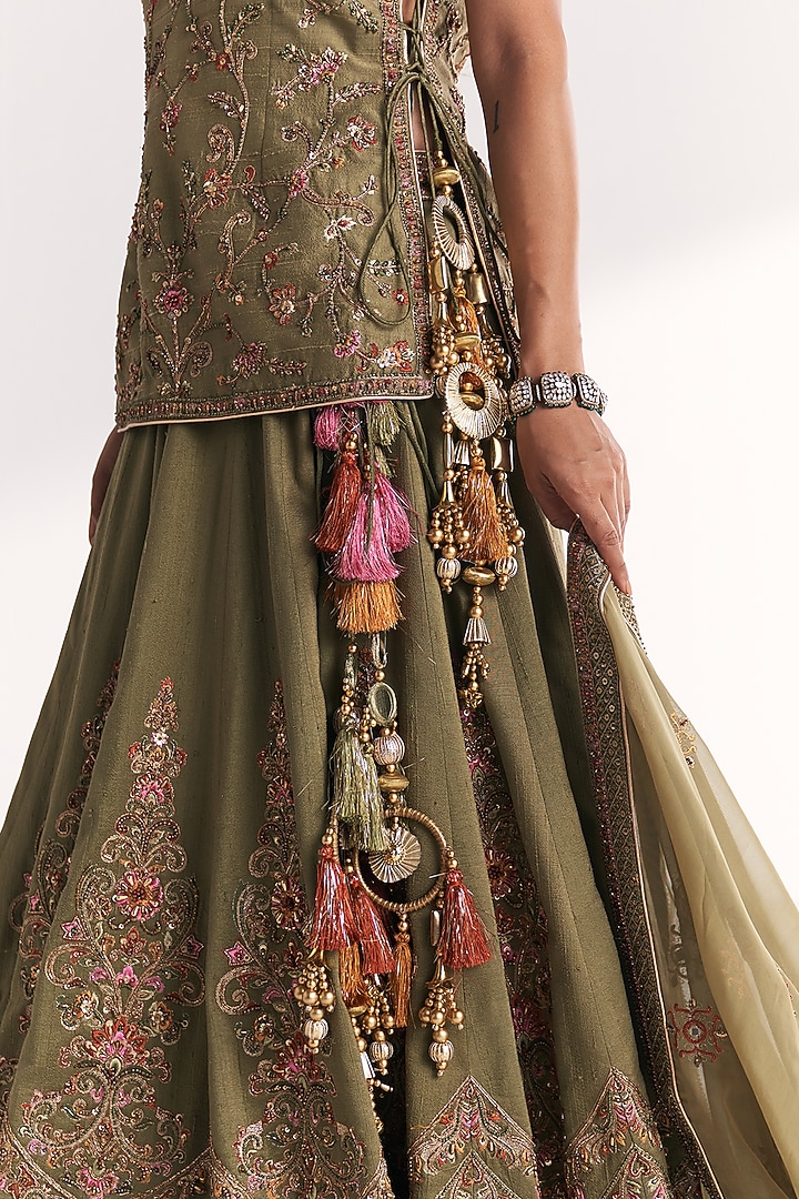 Green Raw Silk & Dola Silk Embroidered Bridal Lehenga Set by Studio Bagechaa at Pernia's Pop Up Shop