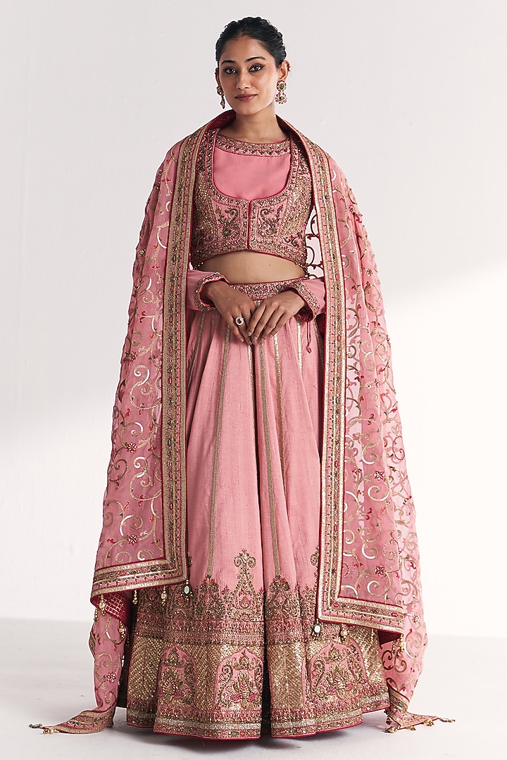 Light Pink Georgette & Raw Silk Hand Embroidered Bridal Lehenga Set by Studio Bagechaa at Pernia's Pop Up Shop