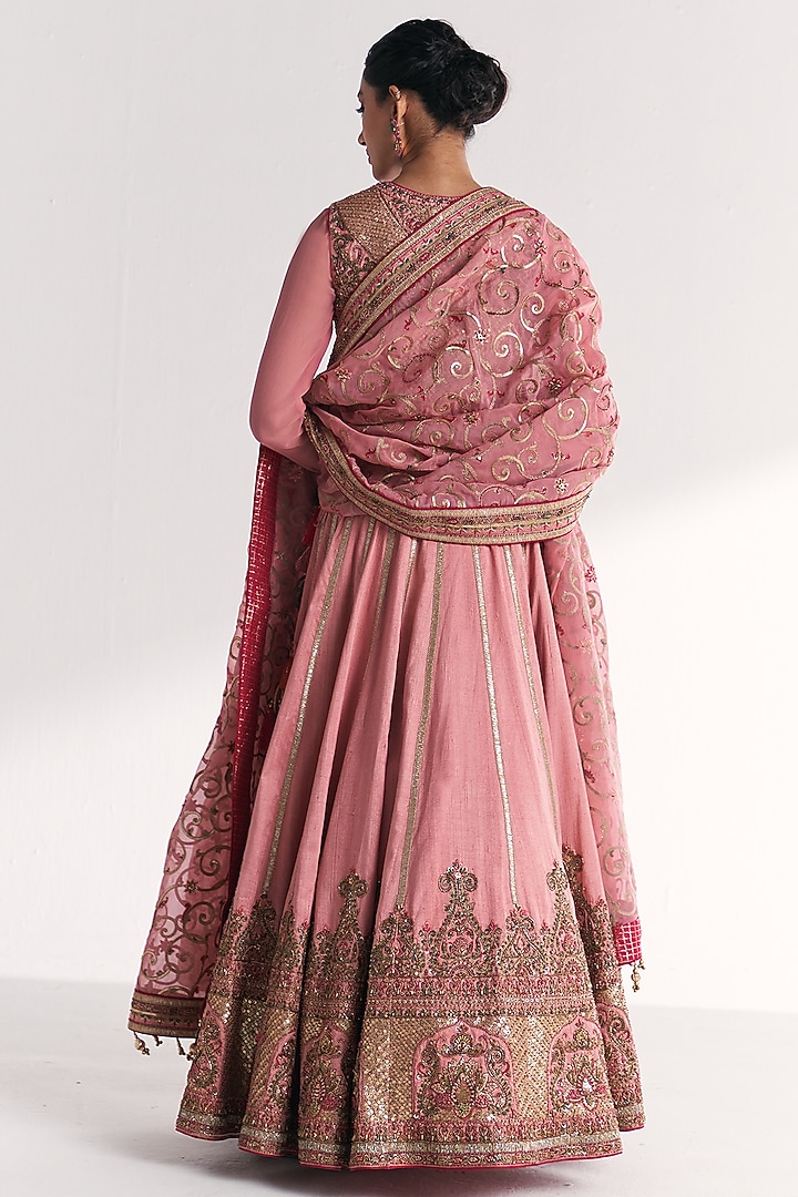 Light Pink Georgette & Raw Silk Hand Embroidered Bridal Lehenga Set by Studio Bagechaa at Pernia's Pop Up Shop