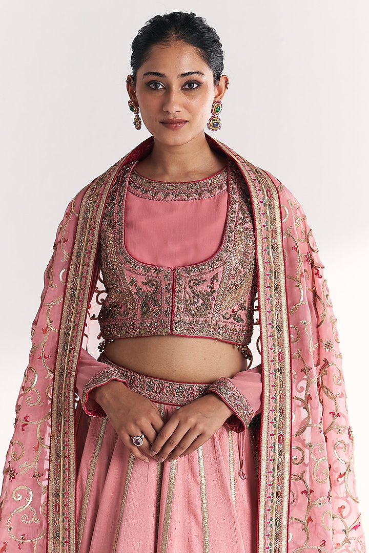 Light Pink Georgette & Raw Silk Hand Embroidered Bridal Lehenga Set by Studio Bagechaa at Pernia's Pop Up Shop