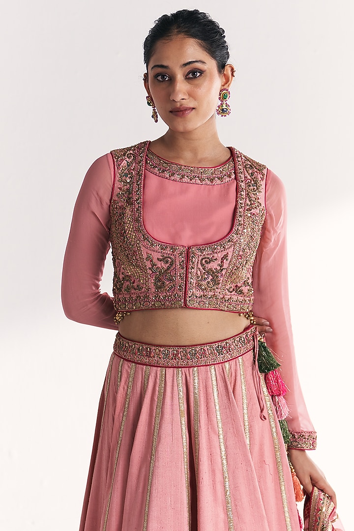 Light Pink Georgette & Raw Silk Hand Embroidered Bridal Lehenga Set by Studio Bagechaa at Pernia's Pop Up Shop