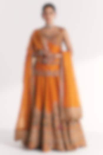 Mustard Raw Silk & Dola Silk Hand Embroidered Bridal Lehenga Set by Studio Bagechaa at Pernia's Pop Up Shop