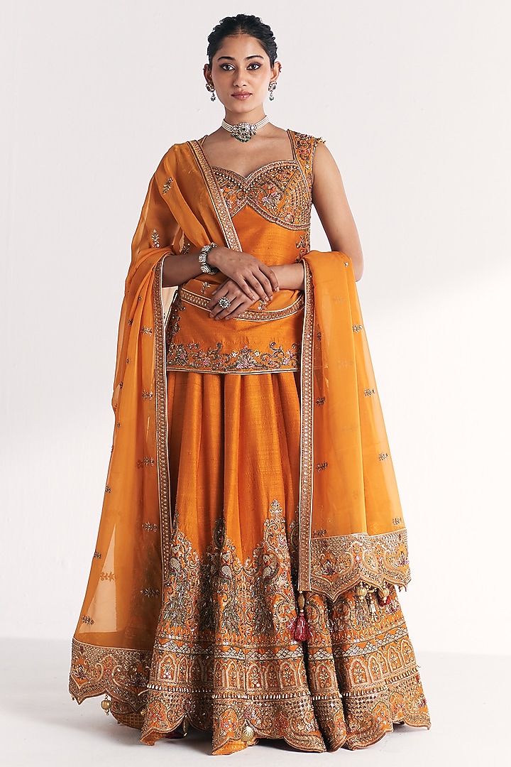 Mustard Raw Silk & Dola Silk Hand Embroidered Bridal Lehenga Set by Studio Bagechaa at Pernia's Pop Up Shop