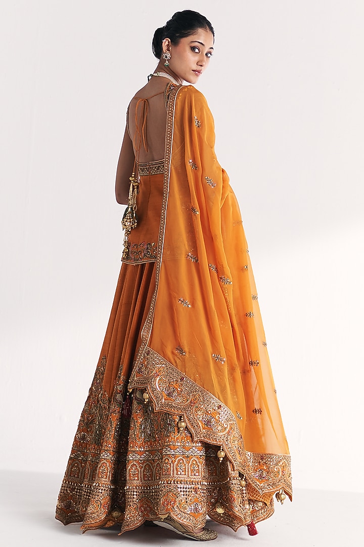 Mustard Raw Silk & Dola Silk Hand Embroidered Bridal Lehenga Set by Studio Bagechaa at Pernia's Pop Up Shop