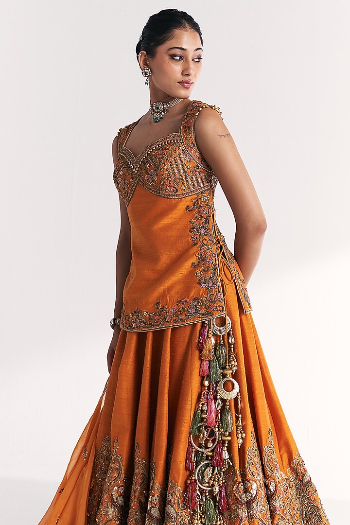 Mustard Raw Silk & Dola Silk Hand Embroidered Bridal Lehenga Set by Studio Bagechaa at Pernia's Pop Up Shop