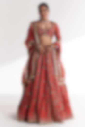 Tangerine Raw Silk Hand Embroidered Bridal Lehenga Set by Studio Bagechaa at Pernia's Pop Up Shop