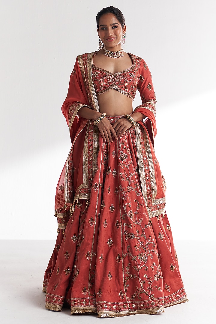 Tangerine Raw Silk Hand Embroidered Bridal Lehenga Set by Studio Bagechaa at Pernia's Pop Up Shop