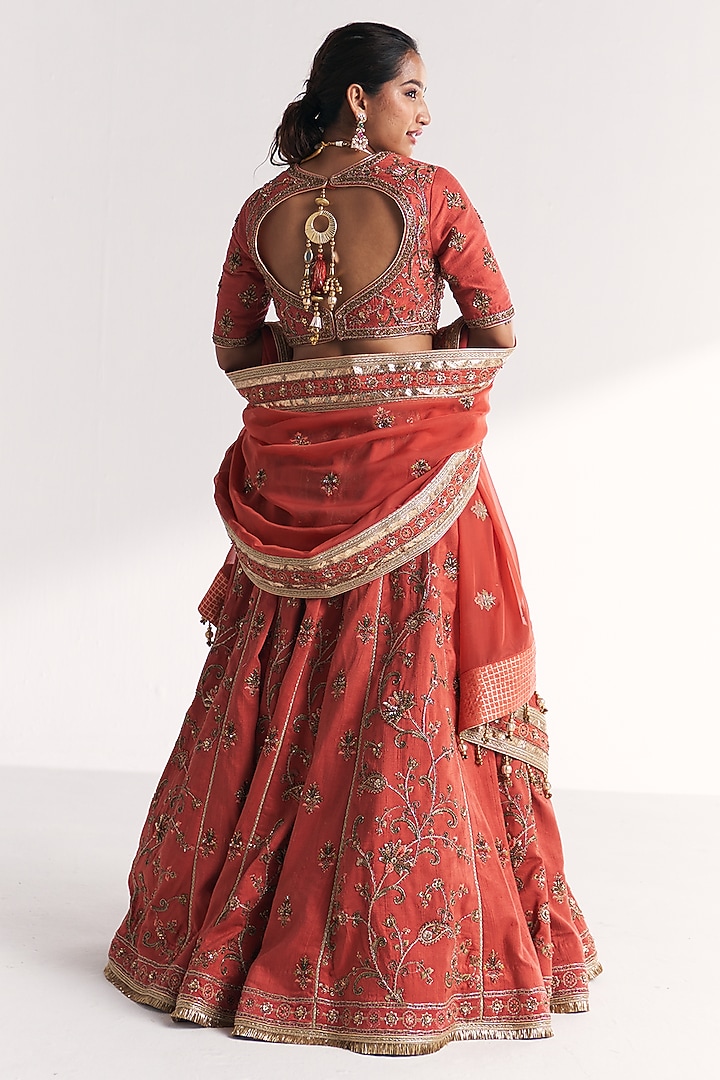 Tangerine Raw Silk Hand Embroidered Bridal Lehenga Set by Studio Bagechaa at Pernia's Pop Up Shop