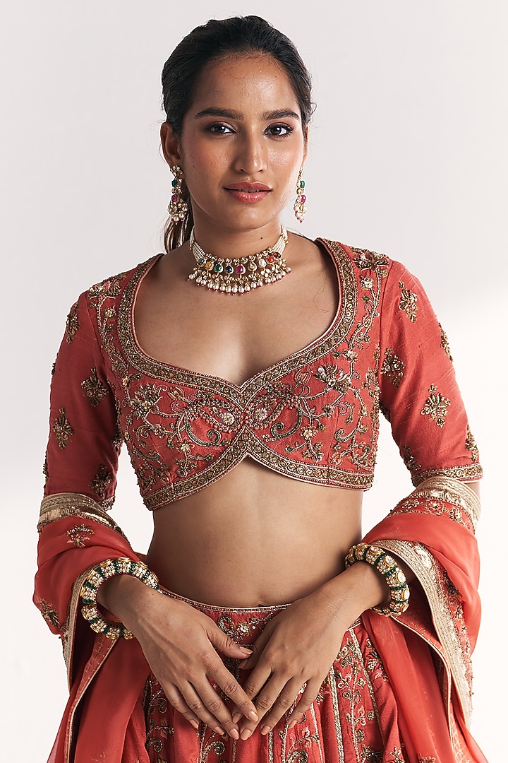 Tangerine Raw Silk Hand Embroidered Bridal Lehenga Set by Studio Bagechaa at Pernia's Pop Up Shop