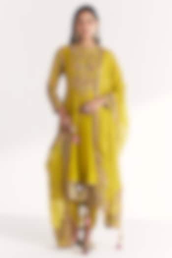 Lime Green Dola Silk Floral Embroidered Wedding Anarkali Set by Studio Bagechaa at Pernia's Pop Up Shop