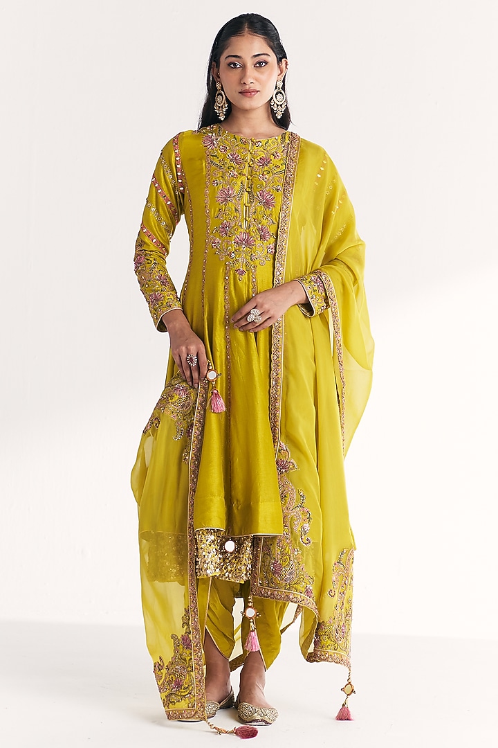 Lime Green Dola Silk Floral Embroidered Wedding Anarkali Set by Studio Bagechaa at Pernia's Pop Up Shop