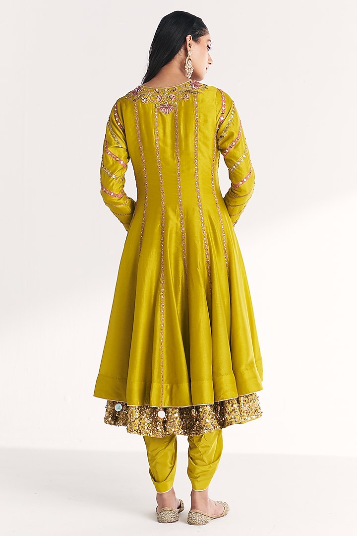Lime Green Dola Silk Floral Embroidered Wedding Anarkali Set by Studio Bagechaa at Pernia's Pop Up Shop