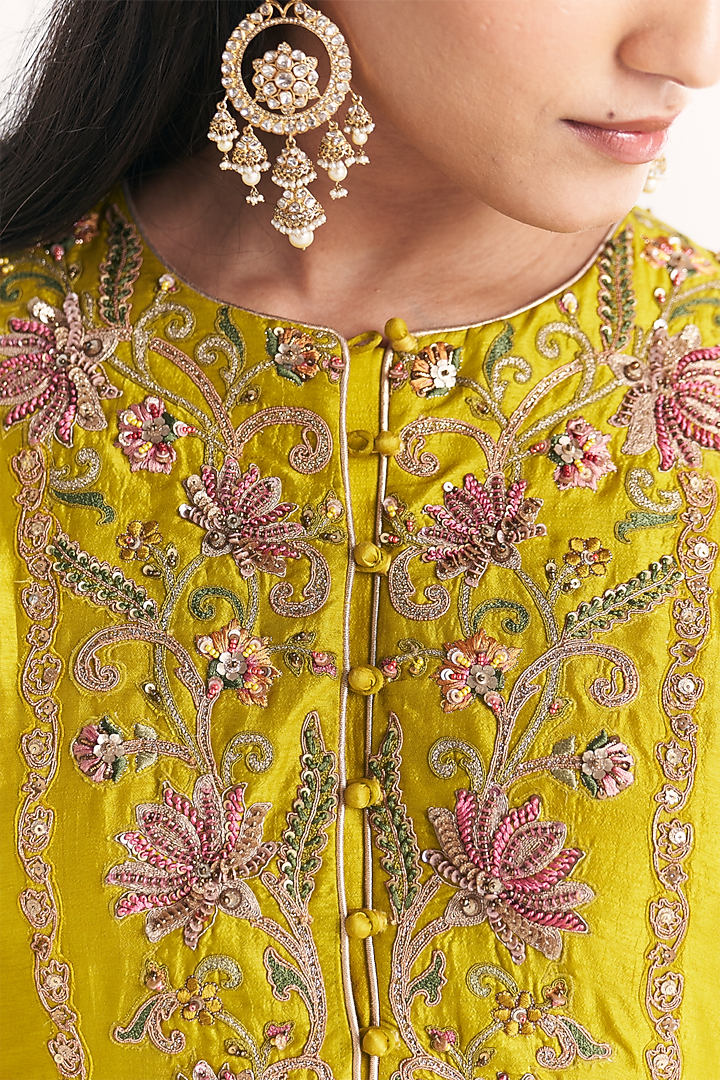 Lime Green Dola Silk Floral Embroidered Wedding Anarkali Set by Studio Bagechaa at Pernia's Pop Up Shop