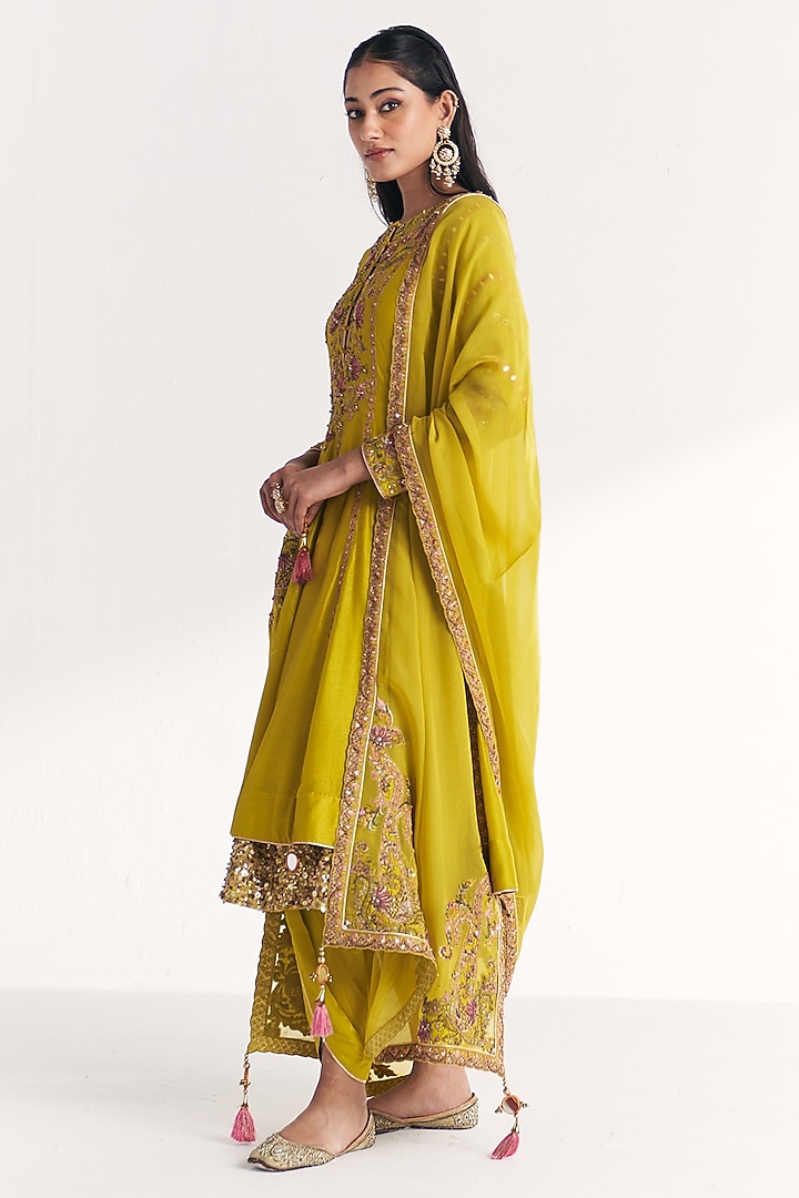 Lime Green Dola Silk Floral Embroidered Wedding Anarkali Set by Studio Bagechaa at Pernia's Pop Up Shop