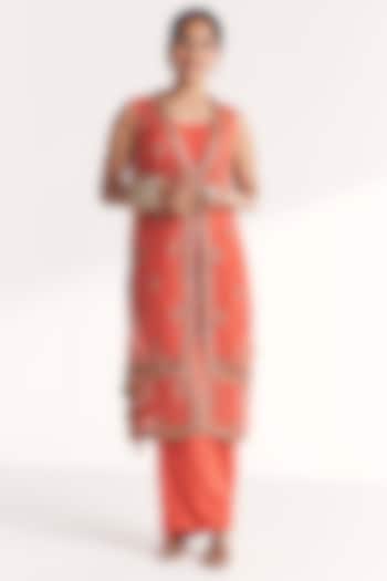 Tangerine Dola Silk Hand & Machine Embroidered Jacket Set by Studio Bagechaa at Pernia's Pop Up Shop