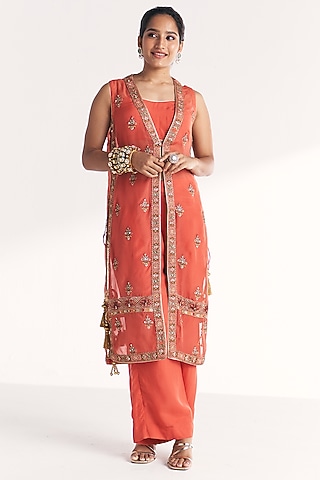 Tangerine Dola Silk Hand & Machine Embroidered Jacket Set by Studio Bagechaa