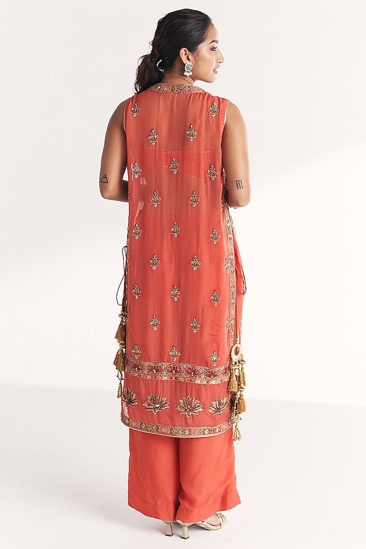 Tangerine Dola Silk Hand & Machine Embroidered Jacket Set by Studio Bagechaa at Pernia's Pop Up Shop
