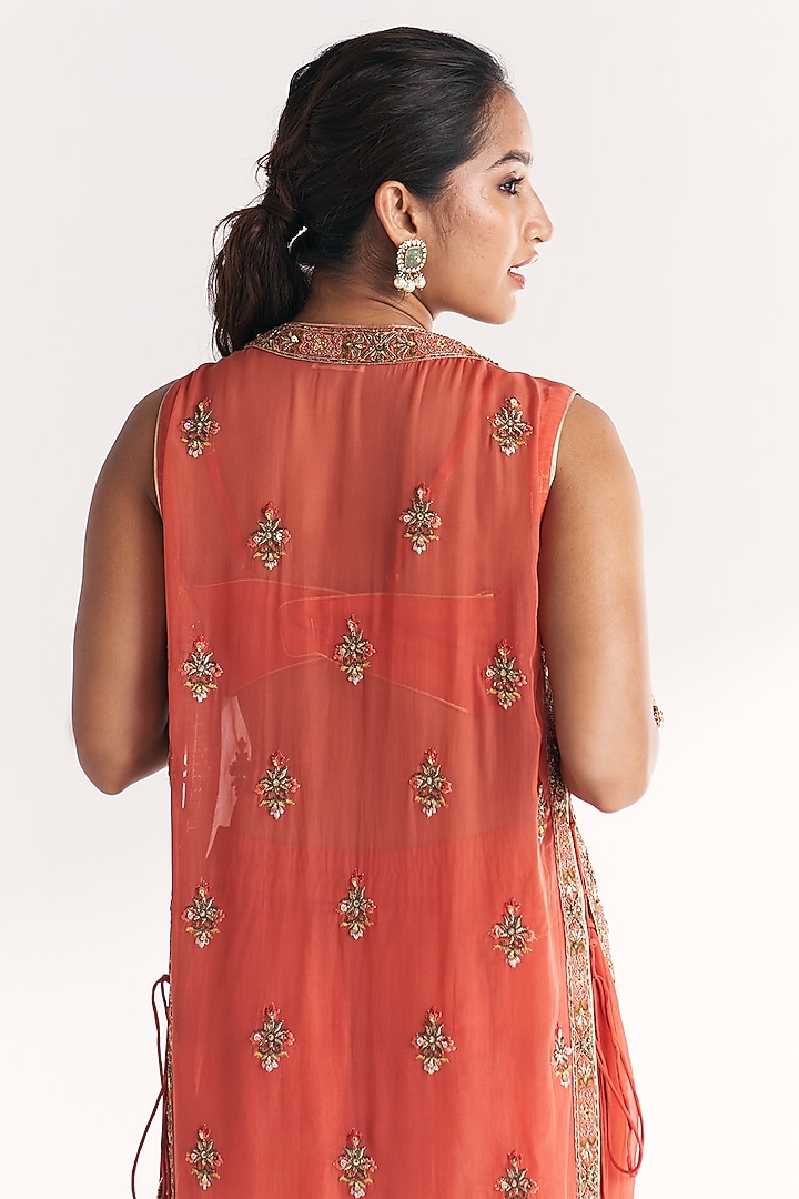 Tangerine Dola Silk Hand & Machine Embroidered Jacket Set by Studio Bagechaa at Pernia's Pop Up Shop