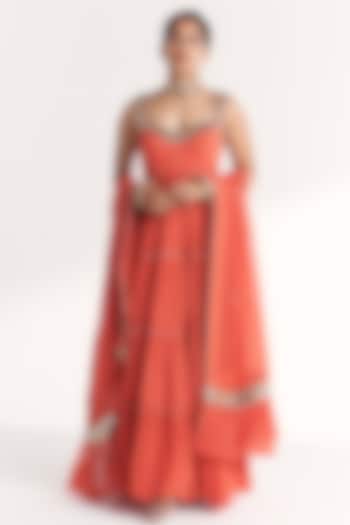 Tangerine Georgette Sequins Mirror Embroidered Wedding Anarkali Set by Studio Bagechaa at Pernia's Pop Up Shop