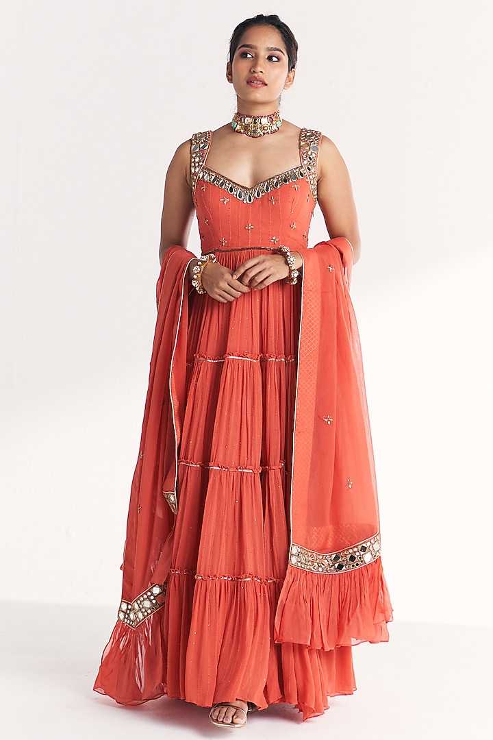Tangerine Georgette Sequins Mirror Embroidered Wedding Anarkali Set by Studio Bagechaa at Pernia's Pop Up Shop