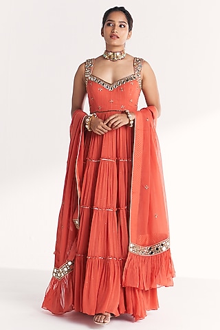 Tangerine Georgette Sequins Mirror Embroidered Anarkali Set by Studio Bagechaa