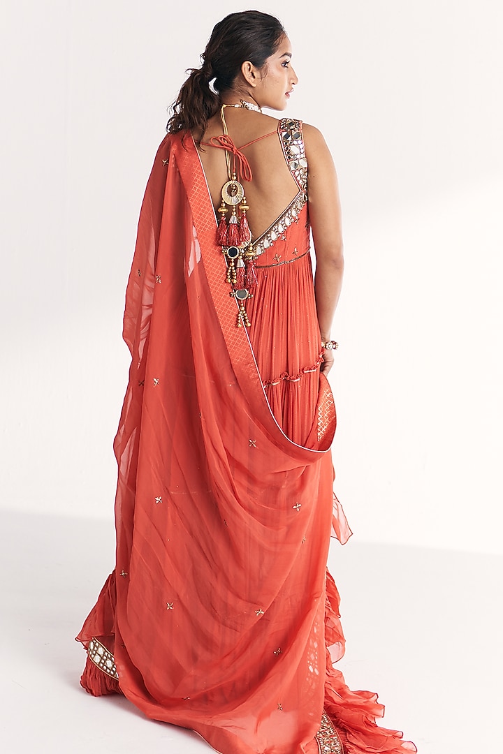 Tangerine Georgette Sequins Mirror Embroidered Wedding Anarkali Set by Studio Bagechaa at Pernia's Pop Up Shop