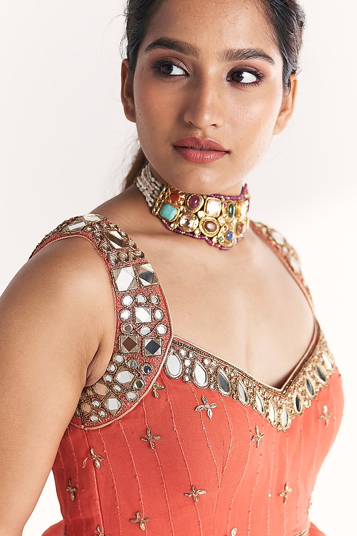 Tangerine Georgette Sequins Mirror Embroidered Wedding Anarkali Set by Studio Bagechaa at Pernia's Pop Up Shop