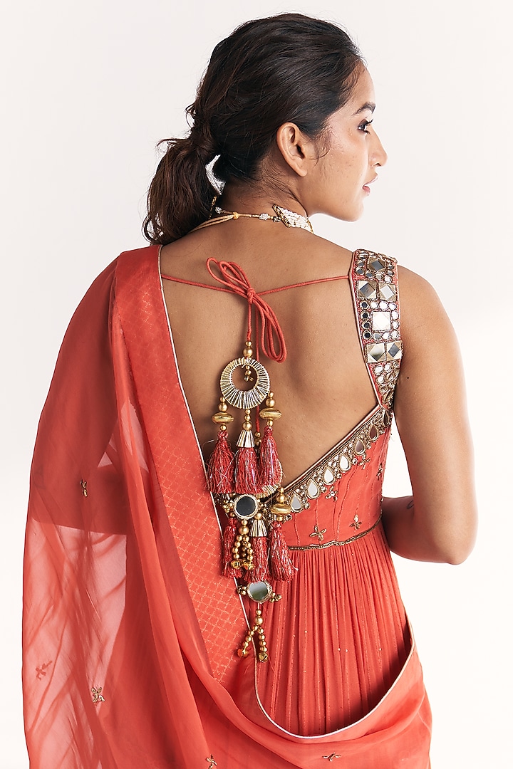 Tangerine Georgette Sequins Mirror Embroidered Wedding Anarkali Set by Studio Bagechaa at Pernia's Pop Up Shop