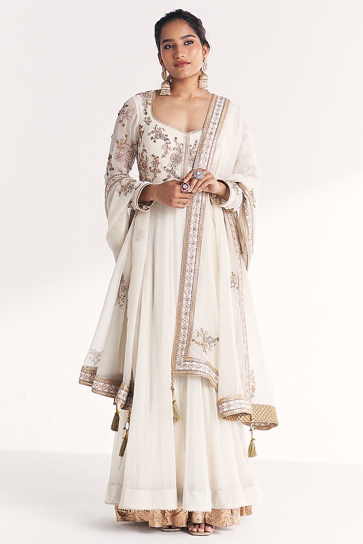 Ivory Georgette Sequins Hand Embroidered Wedding Anarkali Set by Studio Bagechaa at Pernia's Pop Up Shop