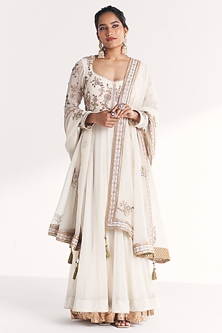 Ivory Georgette Sequins Hand Embroidered Anarkali Set by Studio Bagechaa