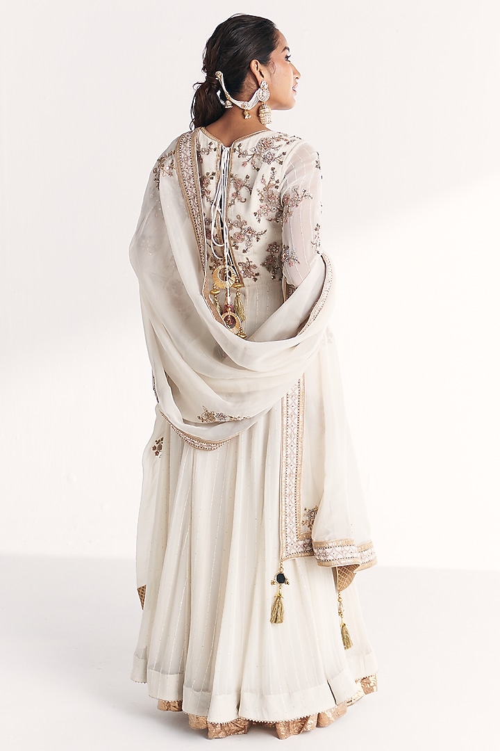 Ivory Georgette Sequins Hand Embroidered Wedding Anarkali Set by Studio Bagechaa at Pernia's Pop Up Shop
