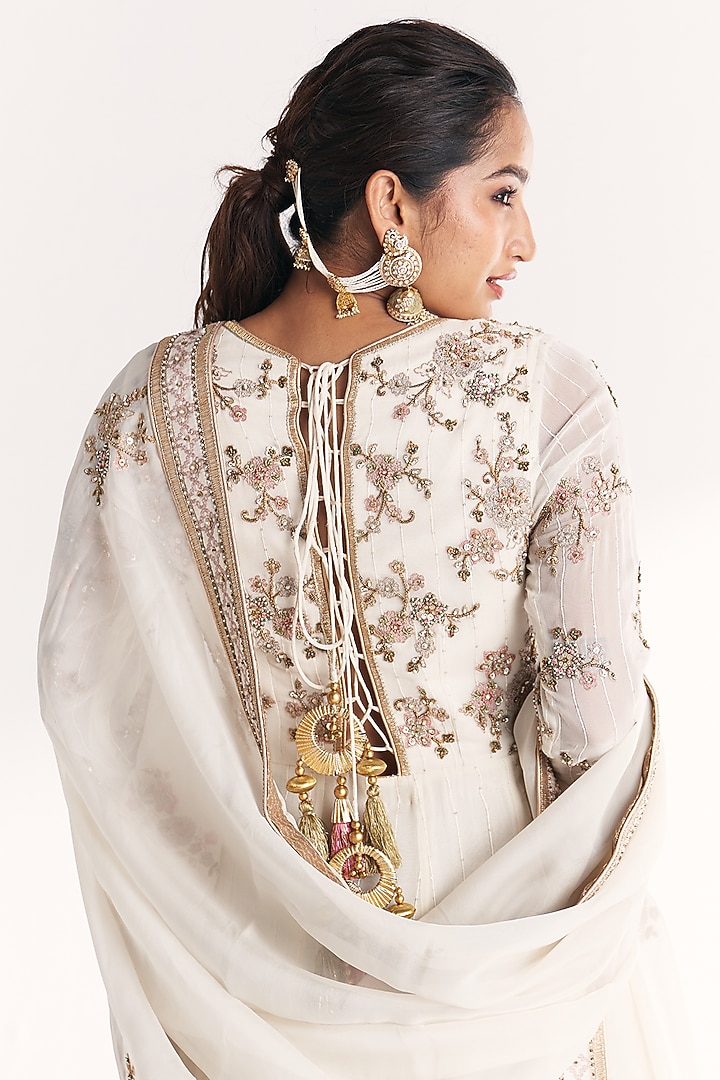Ivory Georgette Sequins Hand Embroidered Wedding Anarkali Set by Studio Bagechaa at Pernia's Pop Up Shop