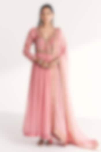 Light Pink Georgette Hand & Machine Embroidered Wedding Anarkali Set by Studio Bagechaa at Pernia's Pop Up Shop
