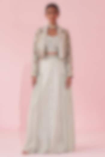 Pale Blue Katan & Georgette Sequin Jacket Wedding Lehenga Set by Studio Bagechaa at Pernia's Pop Up Shop