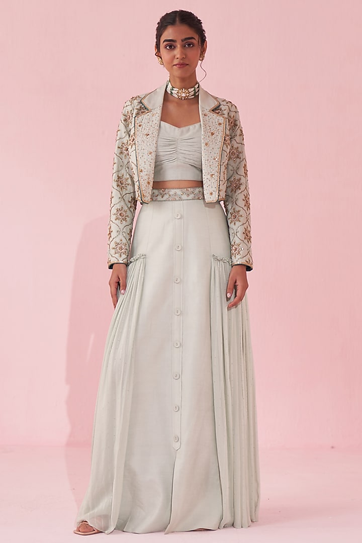 Pale Blue Katan & Georgette Sequin Jacket Wedding Lehenga Set by Studio Bagechaa at Pernia's Pop Up Shop