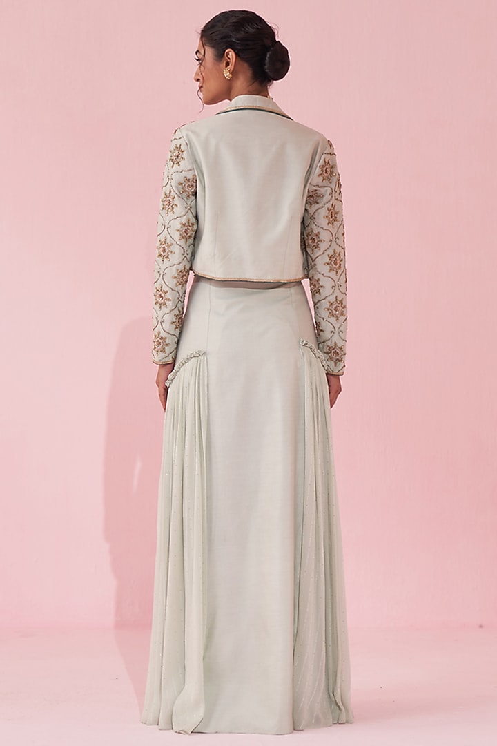Pale Blue Katan & Georgette Sequin Jacket Wedding Lehenga Set by Studio Bagechaa at Pernia's Pop Up Shop