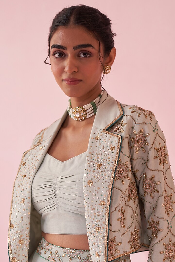 Pale Blue Katan & Georgette Sequin Jacket Wedding Lehenga Set by Studio Bagechaa at Pernia's Pop Up Shop